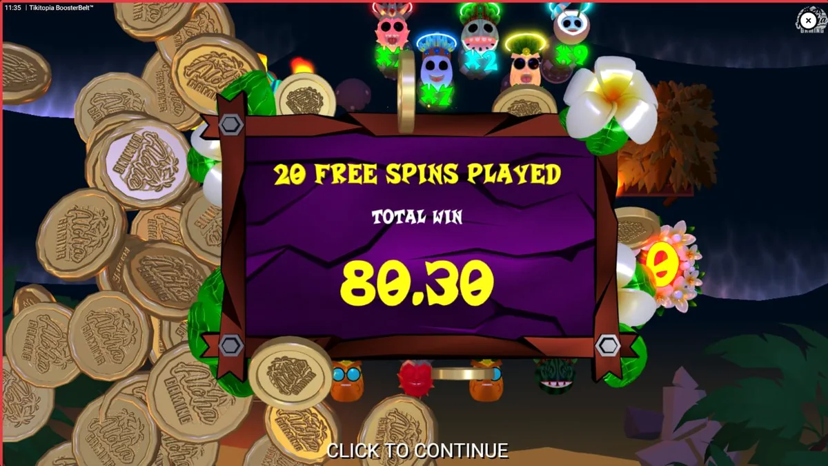 Tampilan visual slot Tikitopia BoosterBelt dengan totem Tiki dan simbol buah tropis