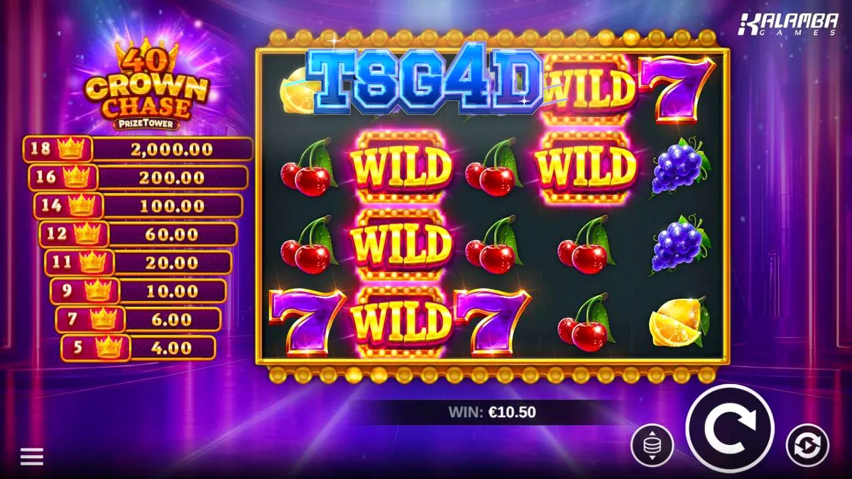 Tampilan visual permainan slot 40 Crown Chase PrizeTower dengan simbol mahkota yang berkilau.